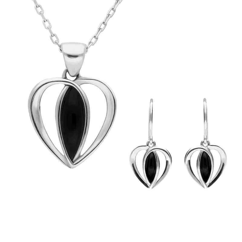 Sterling Silver Whitby Jet Centre Stone Heart Two Piece Set sold by Jura Watches