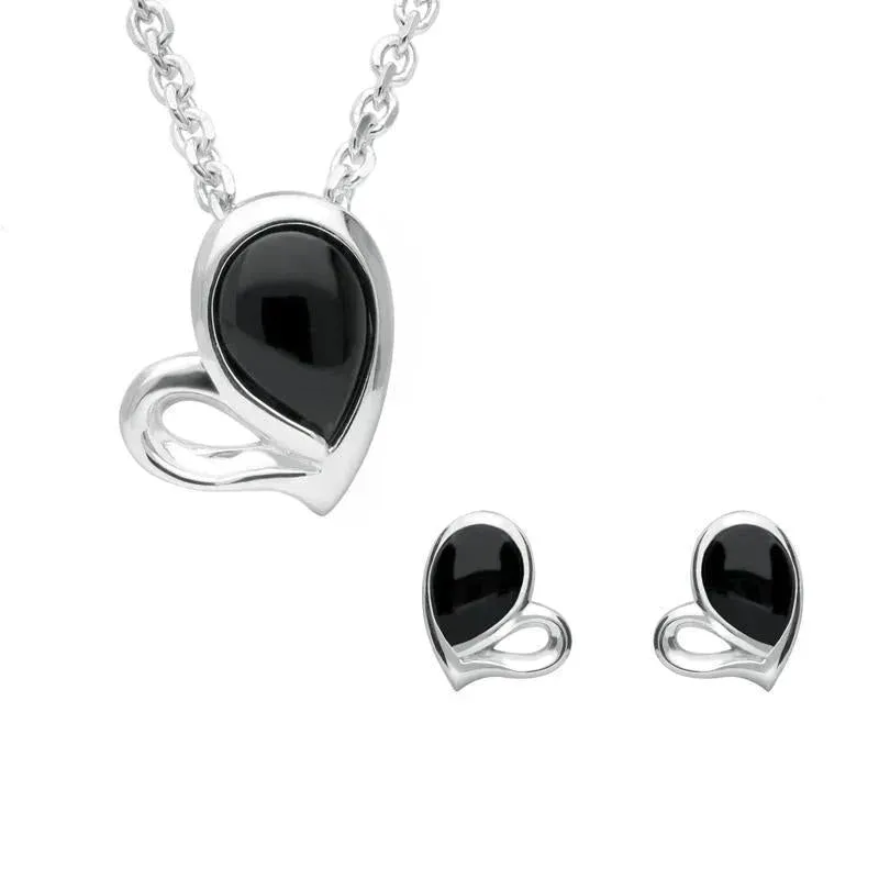 Sterling Silver Whitby Jet Half Filled Heart Two Piece Set sold by Jura Watches