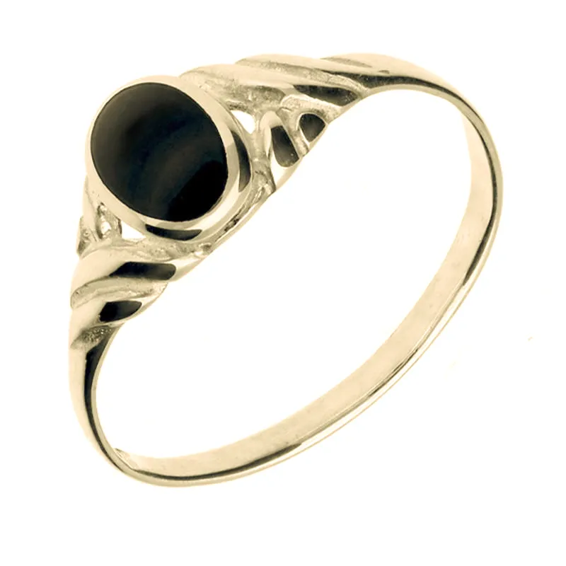 9ct Yellow Gold Whitby Jet Small Carved Scroll Ring sold by Jura Watches