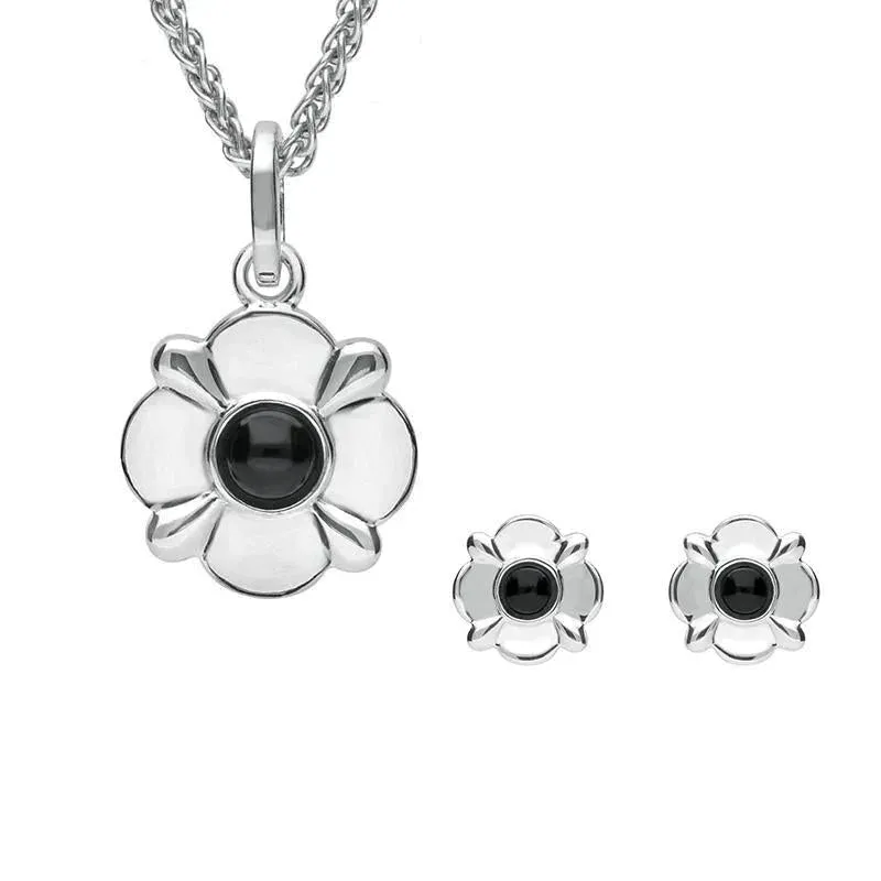 Sterling Silver Whitby Jet Round Four Petal Flower Two Piece Set sold by Jura Watches