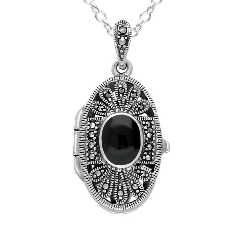 Sterling Silver Whitby Jet Marcasite Oval Floral Locket Necklace sold by Jura Watches