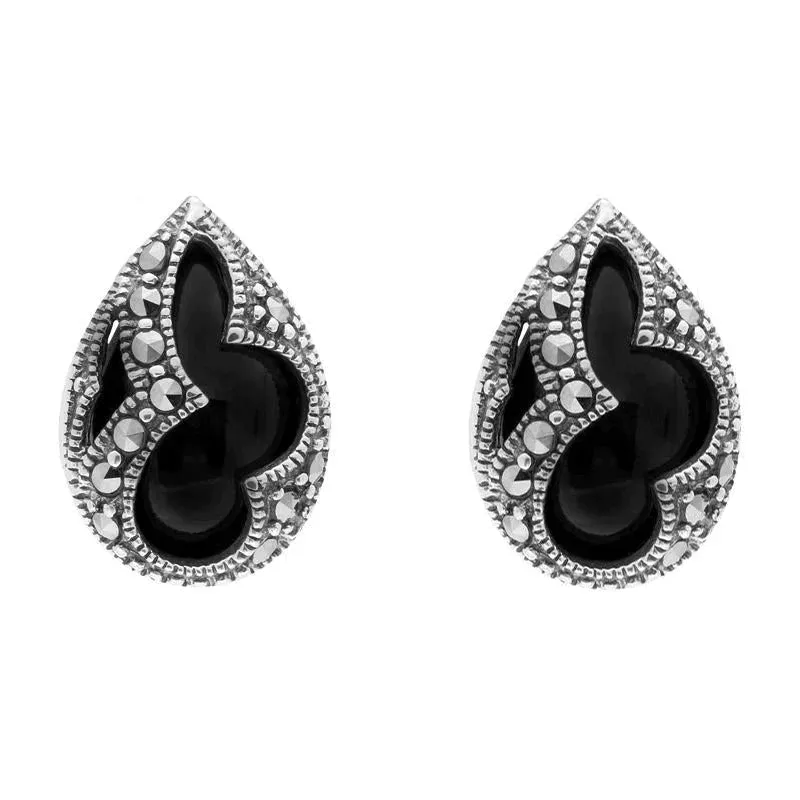 Sterling Silver Whitby Jet Marcasite Pear Shaped Stud Earrings sold by Jura Watches