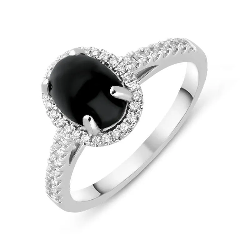 18ct White Gold Whitby Jet 0.27ct Diamond Oval Pave Shoulder Ring sold by Jura Watches