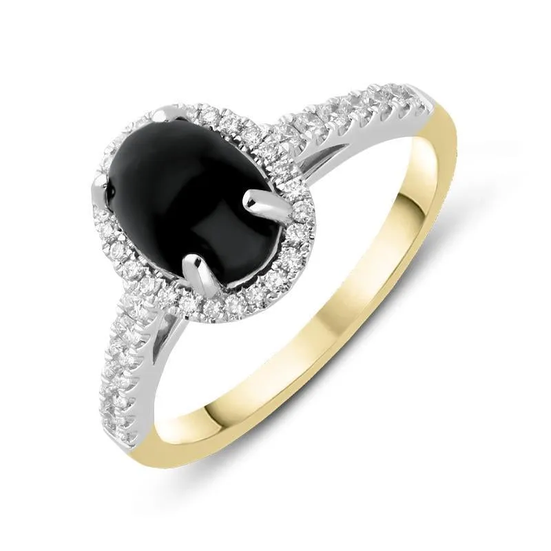 18ct Yellow Gold Whitby Jet Diamond Halo Pave Shoulder Ring sold by Jura Watches