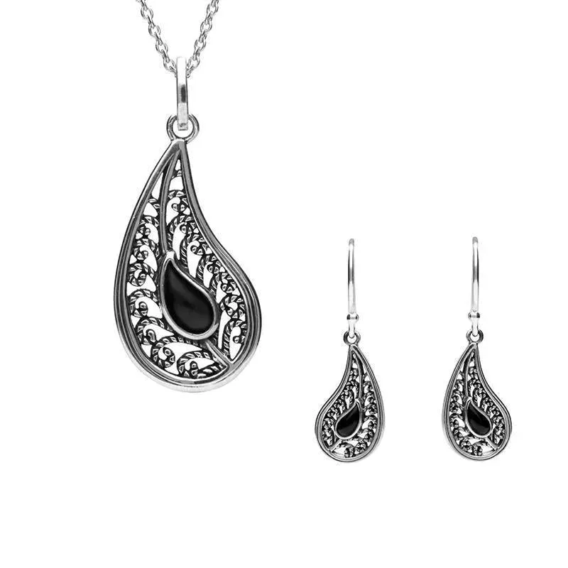 Sterling Silver Whitby Jet Ornate Tear Drop Two Piece Set sold by Jura Watches