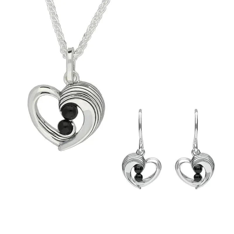 Sterling Silver Whitby Jet Half Ridge Stone Heart Two Piece Set sold by Jura Watches