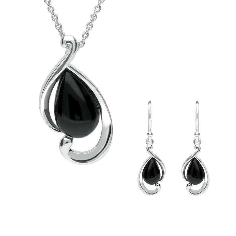 Sterling Silver Whitby Jet Open Fancy Pear Two Piece Set sold by Jura Watches
