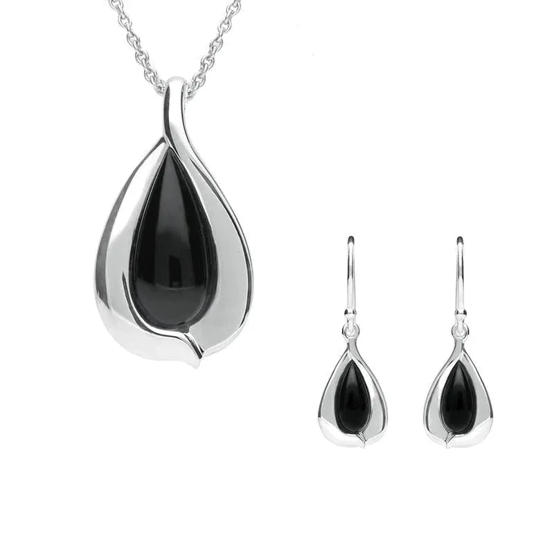 Sterling Silver Whitby Jet Wide Edge Pear Two Piece Set sold by Jura Watches