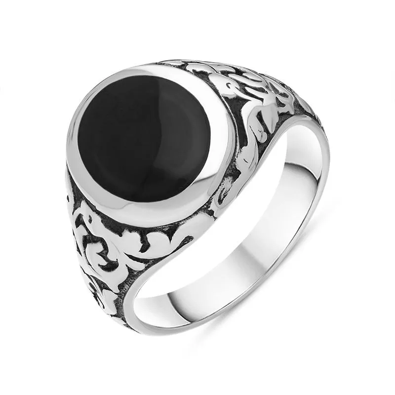 Sterling Silver Whitby Jet Carved Shoulder Oval Signet Ring sold by Jura Watches
