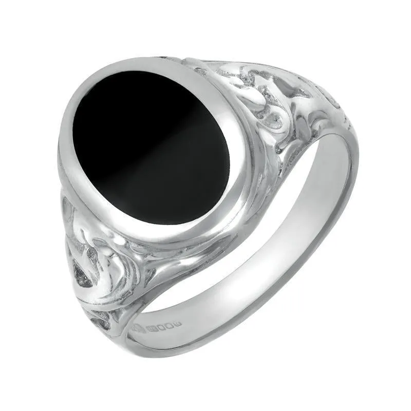 Sterling Silver Whitby Jet Carved Shoulder Oval Signet Ring sold by Jura Watches