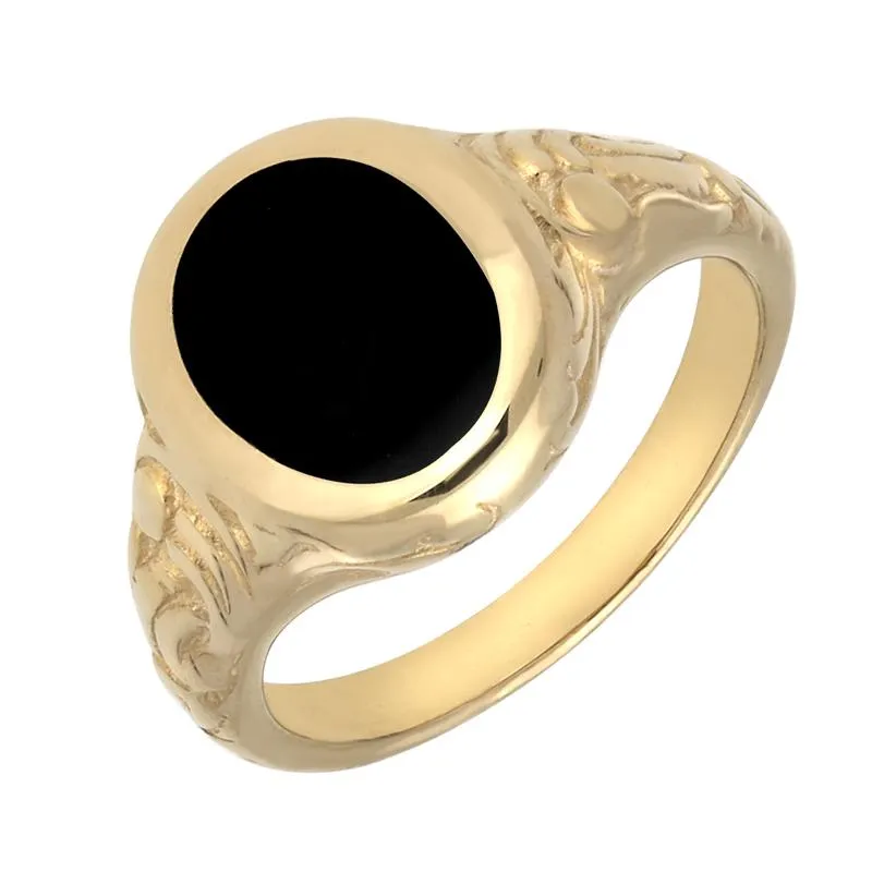 9ct Yellow Gold Whitby Jet Carved Shoulder Oval Signet Ring sold by Jura Watches