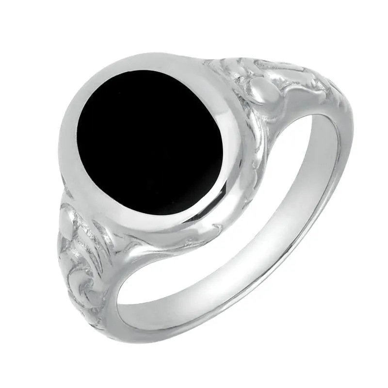 Sterling Silver Whitby Jet Carved Shoulder Oval Signet Ring sold by Jura Watches