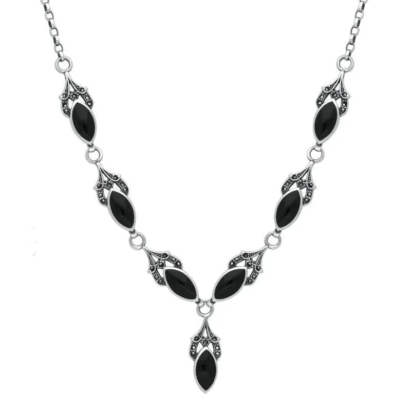 Sterling Silver Whitby Jet Marcasite 7 Stone Pave Marquise Necklace sold by Jura Watches