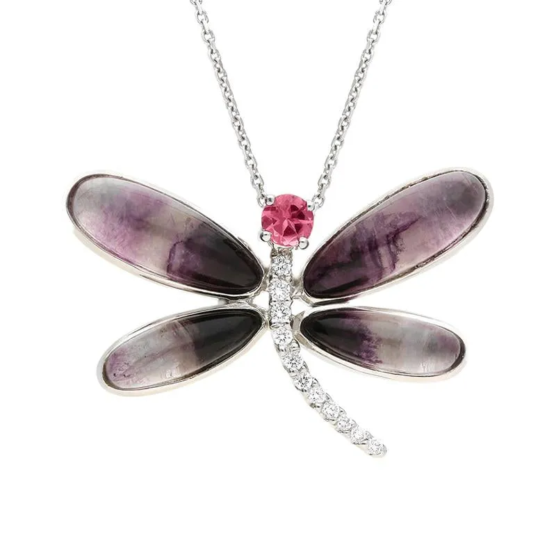 18ct White Gold Blue John Diamond and Rubellite Dragonfly Necklace sold by Jura Watches