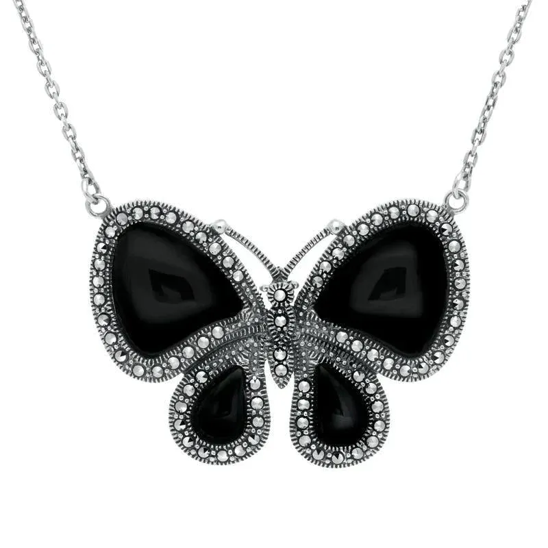Sterling Silver Whitby Jet Marcasite Butterfly Necklace sold by Jura Watches