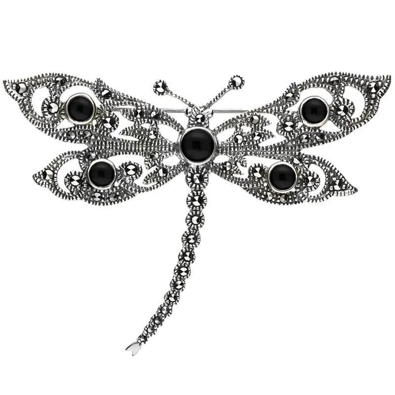 Sterling Silver Whitby Jet Marcasite Five Stone Dragonfly Brooch sold by Jura Watches