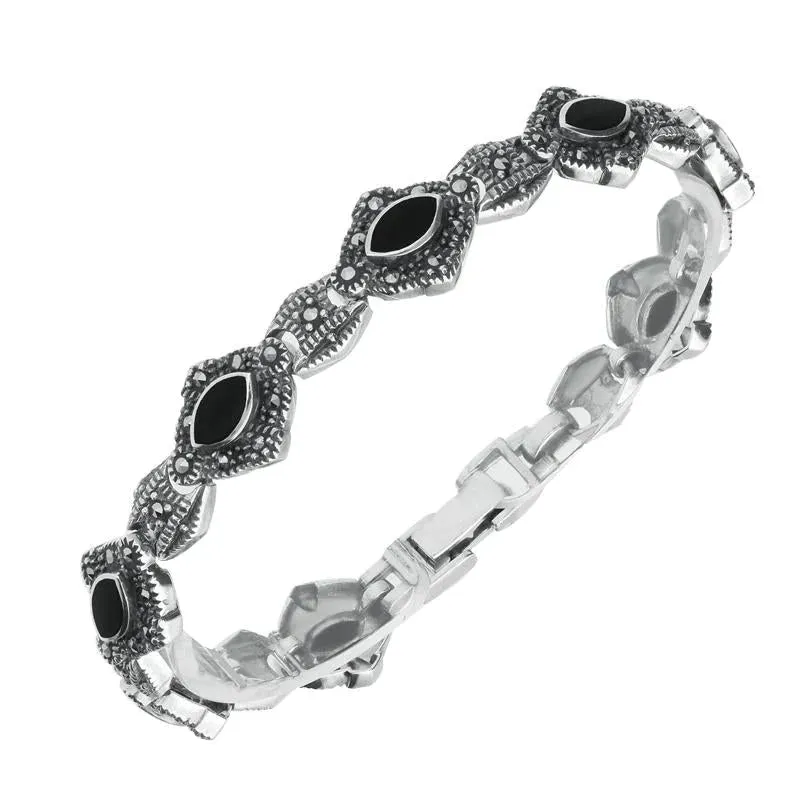 Sterling Silver Whitby Jet Marcasite Marquise Link Bracelet sold by Jura Watches