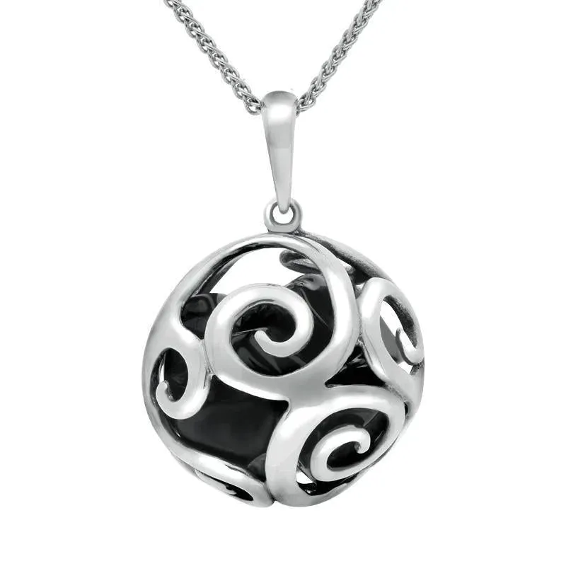 Sterling Silver Whitby Jet Swirl Cage Bead Ball Necklace sold by Jura Watches