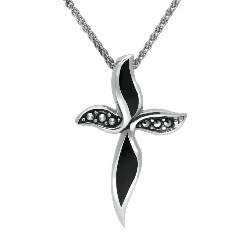 Sterling Silver Whitby Jet and Marcasite Wavy Cross Necklace sold by Jura Watches
