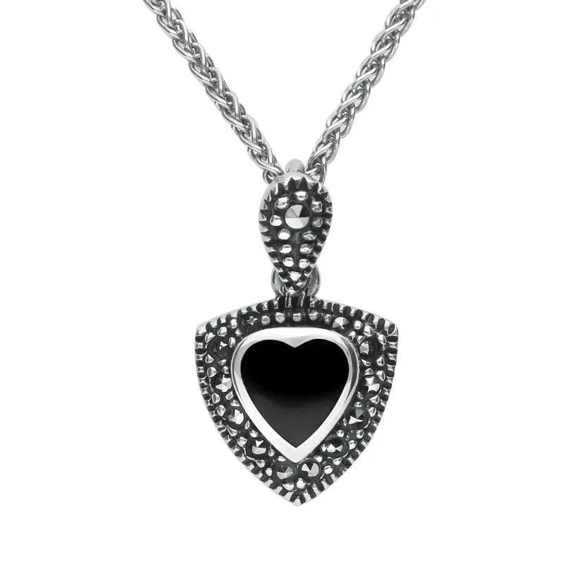 Sterling Silver Whitby Jet Marcasite Triangle Heart Necklace sold by Jura Watches