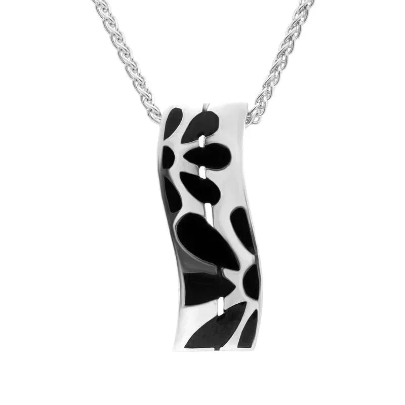 Sterling Silver Whitby Jet Flower Pattern Wavy Oblong Necklace D sold by Jura Watches