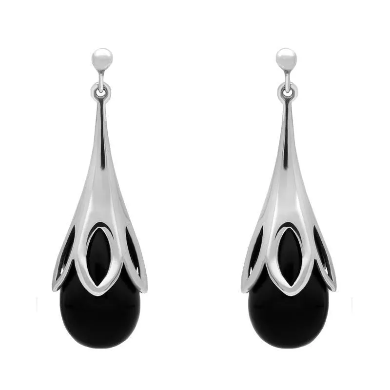 Sterling Silver Whitby Jet Large Tulip Drop Earrings sold by Jura Watches