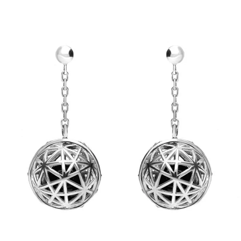 Sterling Silver Whitby Jet and Marcasite Sphere Cage Drop Earrings sold by Jura Watches