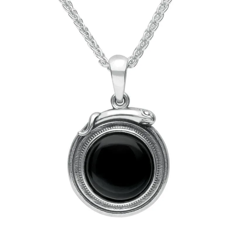 Sterling Silver Whitby Jet Small Round Snake Edge Necklace sold by Jura Watches