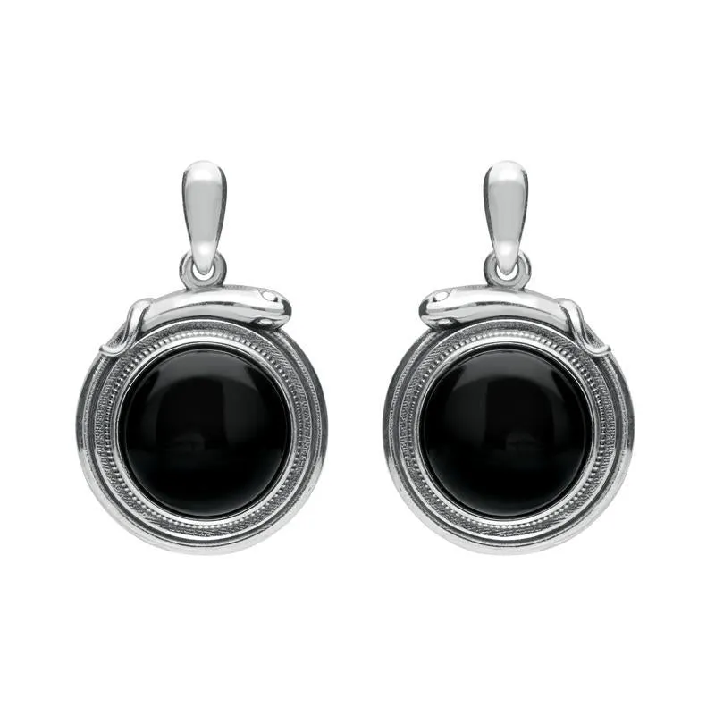 Sterling Silver Whitby Jet Small Round Snake Edge Drop Earrings sold by Jura Watches