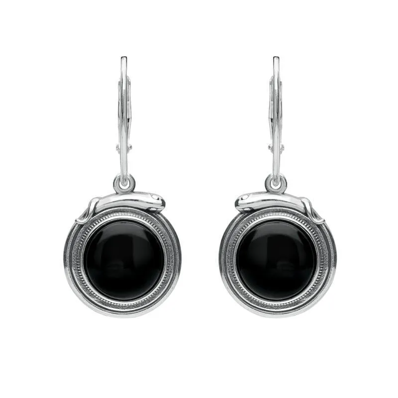 Sterling Silver Whitby Jet Small Round Snake Edge Hook Drop Earrings sold by Jura Watches