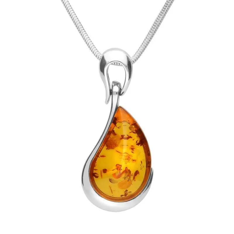 Sterling Silver Amber Organic Curved Pear Drop Necklace sold by Jura Watches