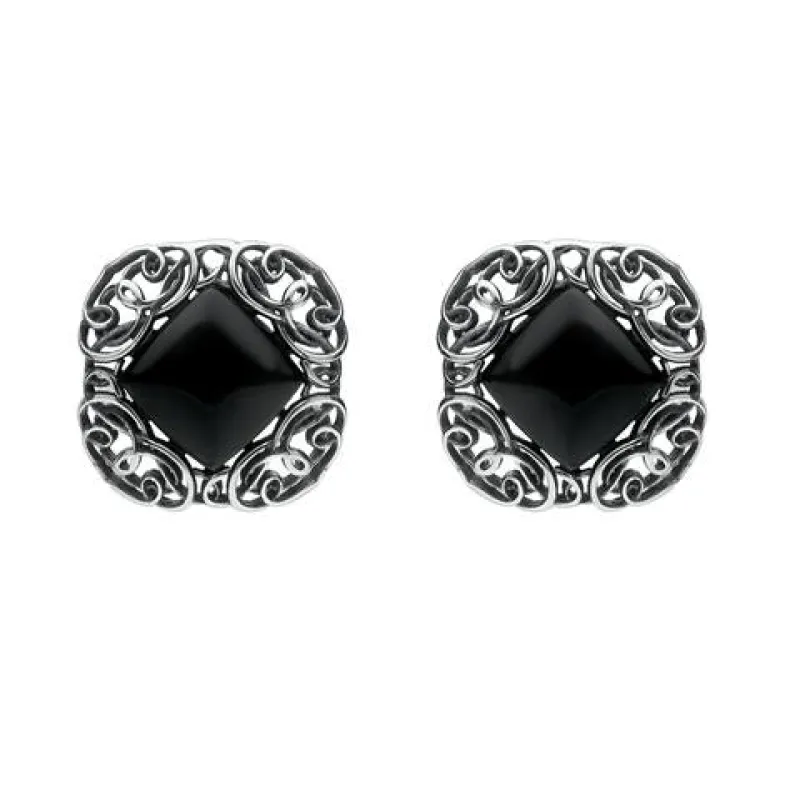 Sterling Silver Whitby Jet Antique Style Stud Earrings sold by Jura Watches