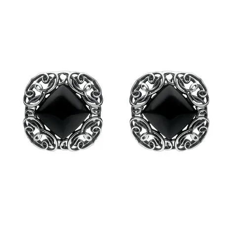 Sterling Silver Whitby Jet Antique Style Stud Earrings sold by Jura Watches