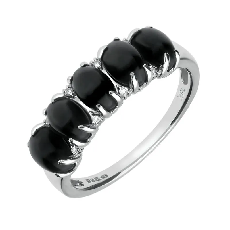 18ct White Gold Whitby Jet and Diamond Five Stone Half Eternity Ring sold by Jura Watches