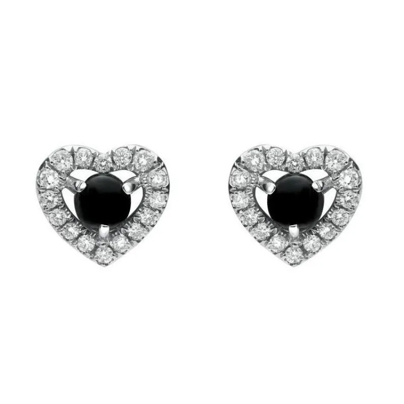 18ct White Gold Whitby Jet 0.33ct Diamond Heart Earrings sold by Jura Watches
