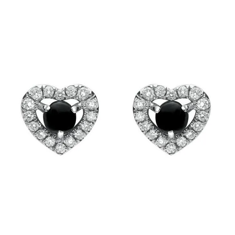 18ct White Gold Whitby Jet 0.33ct Diamond Heart Earrings sold by Jura Watches