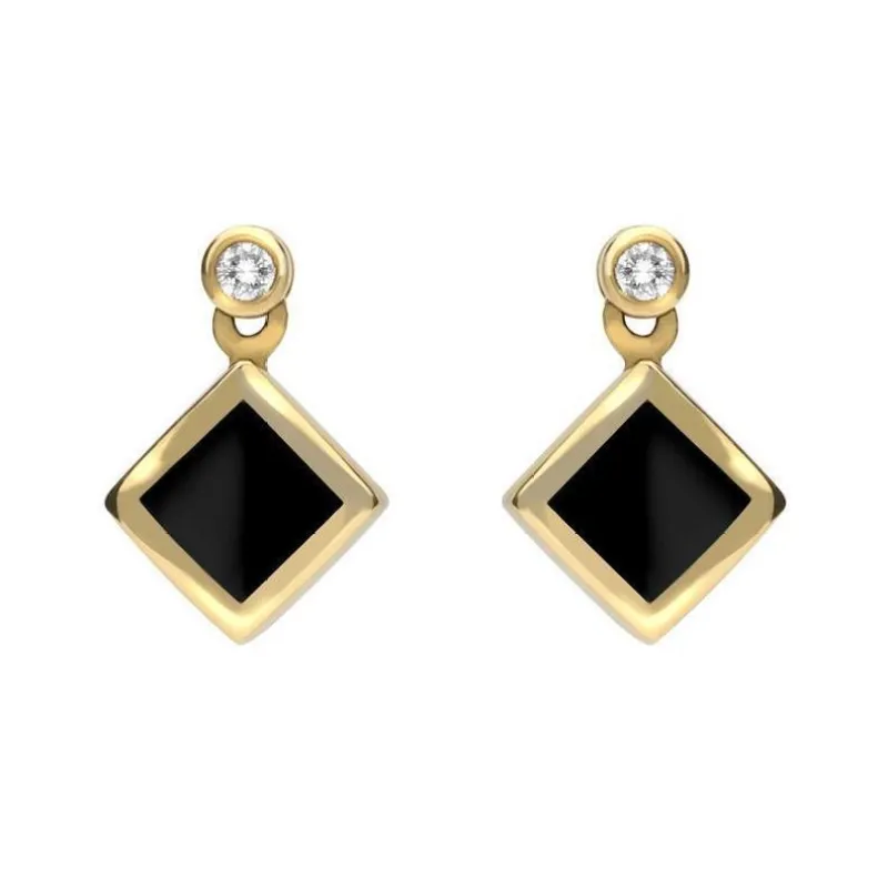 18ct Yellow Gold Whitby Jet 0.06ct Diamond Top Square Stud Earrings sold by Jura Watches
