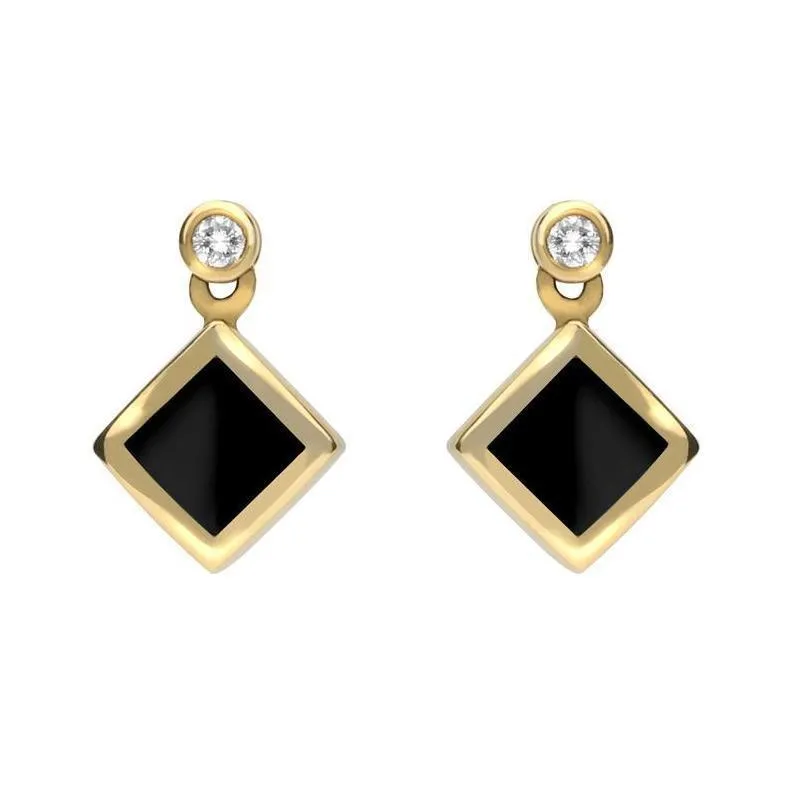 18ct Yellow Gold Whitby Jet 0.06ct Diamond Top Square Stud Earrings sold by Jura Watches
