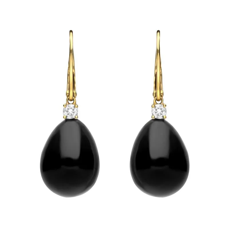 18ct Yellow Gold Whitby Jet 0.20ct Diamond Lever Back Pear Drop Earrings sold by Jura Watches
