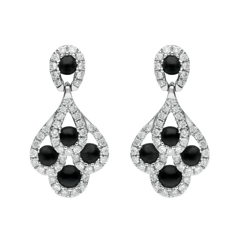 18ct White Gold Whitby Jet 0.34ct Diamond Peacock Drop Earrings sold by Jura Watches