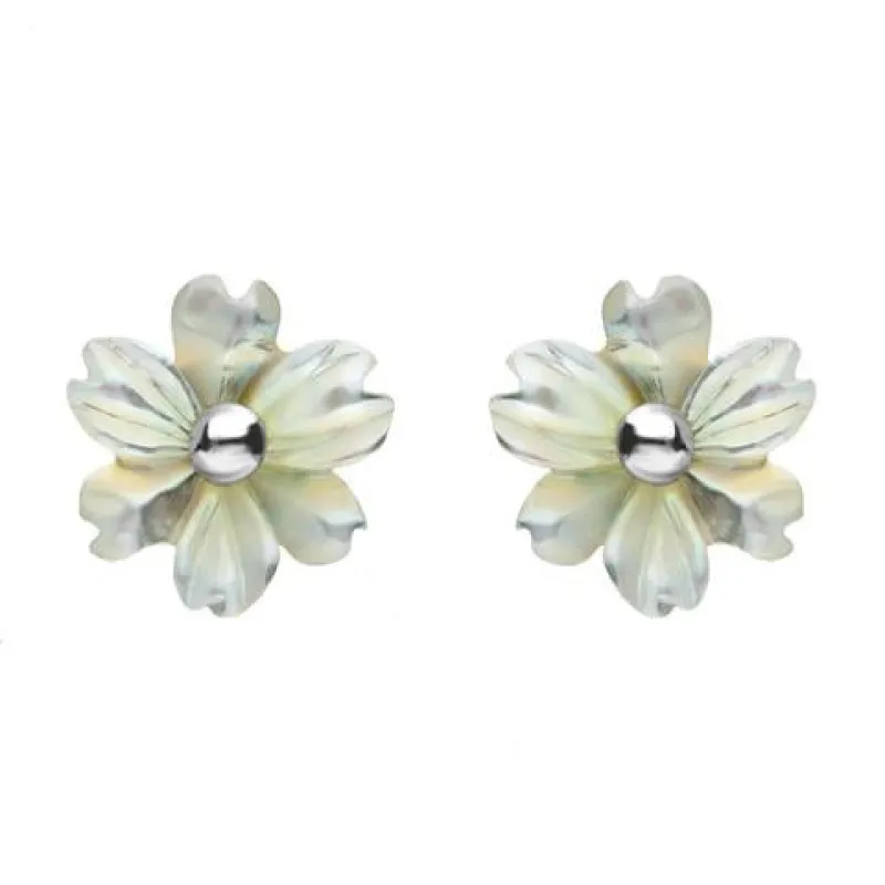 Sterling Silver White Mother of Pearl Tuberose 8mm Dahlia Stud Earrings sold by Jura Watches