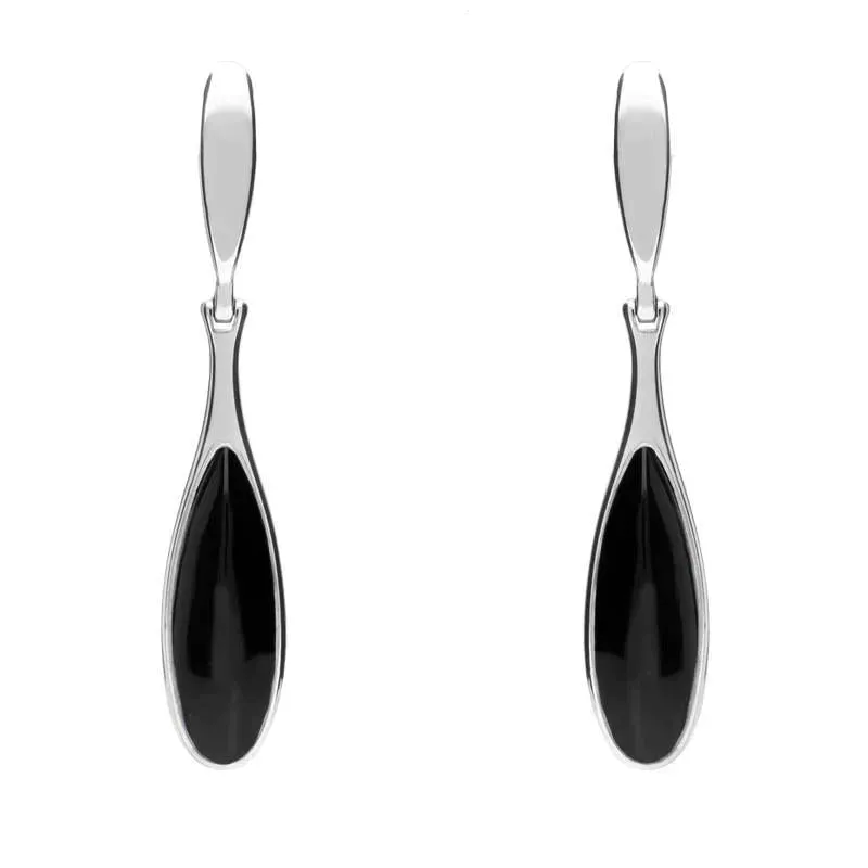 Sterling Silver Whitby Jet Long Slim Pear Drop Stud Earrings sold by Jura Watches