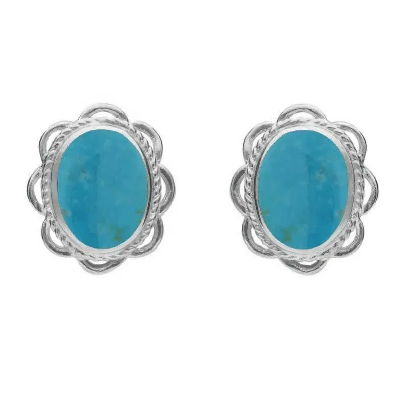 Sterling Silver Turquoise Rope Frill Edge Oval Stud Earrings sold by Jura Watches