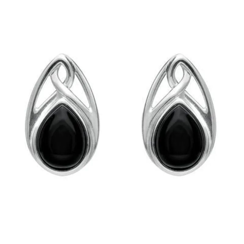 Sterling Silver Whitby Jet Pear Shaped Celtic Stud Earrings sold by Jura Watches