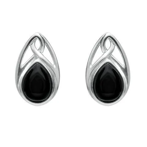 Sterling Silver Whitby Jet Pear Shaped Celtic Stud Earrings sold by Jura Watches