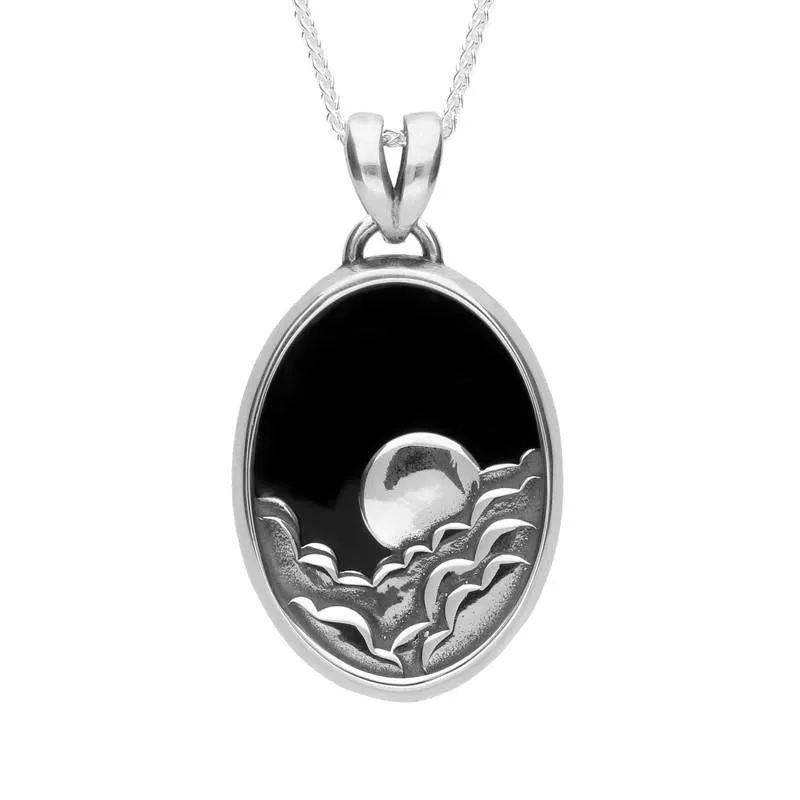 Sterling Silver Whitby Jet Gothic Oval Moon and Cloud Necklace sold by Jura Watches