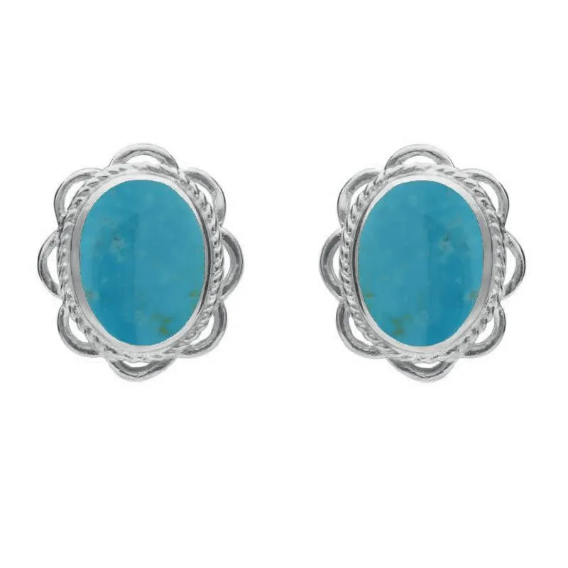 Sterling Silver Turquoise Large Rope Oval Frill Stud Earrings sold by Jura Watches