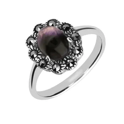 Sterling Silver Blue John Marcasite Oval Flower Ring sold by Jura Watches