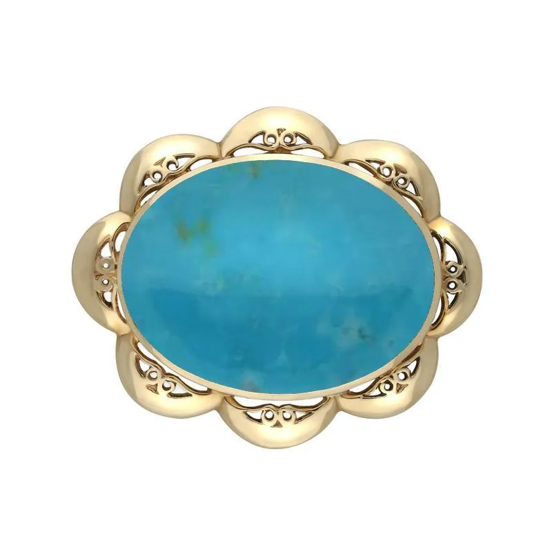 9ct Yellow Gold Turquoise Oval Scalloped Edge Brooch sold by Jura Watches