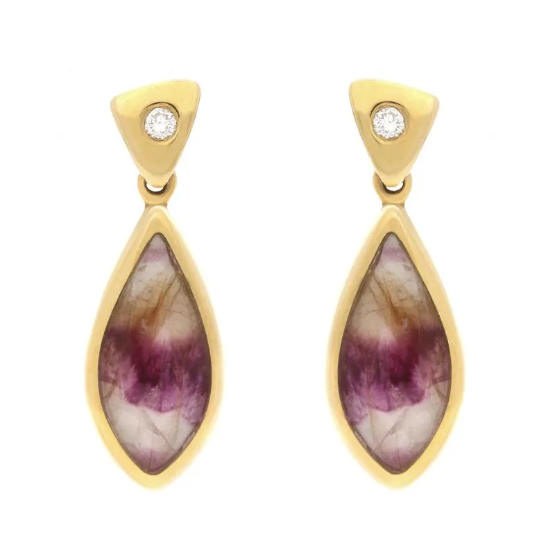 18ct Yellow Gold Blue John and Diamond Pointed Pear Drop Earrings sold by Jura Watches